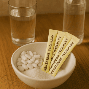 A bowl containing various artificial sweeteners like tablets and powder, representing additives to avoid when learning how to lose belly fat naturally