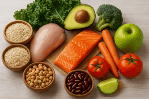 A colorful assortment of whole, unprocessed foods including vegetables, grains, and fruits that support how to lose belly fat naturally