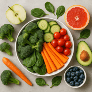 A colorful display of fiber-rich vegetables and fruits like broccoli, spinach, and berries that help in how to lose belly fat naturally