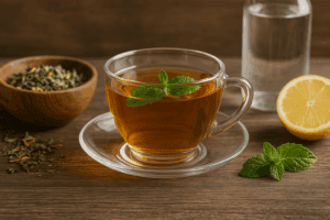 A cup of herbal tea with mint leaves and lemon, representing natural hydration and detox to help how to lose belly fat naturally