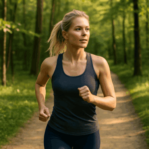 A fit woman jogging through a sunlit forest path, showcasing natural movement and exercise to help how to lose belly fat naturally