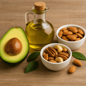 A mix of healthy fat-rich foods like avocado, olive oil, and nuts that help support how to lose belly fat naturally