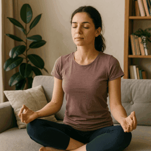 A peaceful woman meditating in her living room, practicing stress relief techniques to support how to lose belly fat naturally