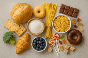 A selection of refined carbs and sugary foods like bread, pasta, candy, and chocolate representing what to reduce when learning how to lose belly fat naturally