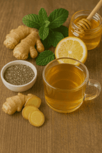A soothing collection of natural remedies like ginger tea, chia seeds, lemon, and mint displayed to support how to lose belly fat naturally by reducing bloating