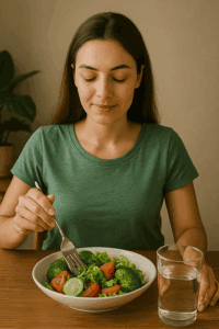 A young woman enjoying a fresh salad mindfully at a table, practicing conscious eating as a way to help how to lose belly fat naturally