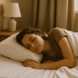 A young woman sleeping peacefully in a cozy bedroom, illustrating the importance of quality sleep in how to lose belly fat naturally