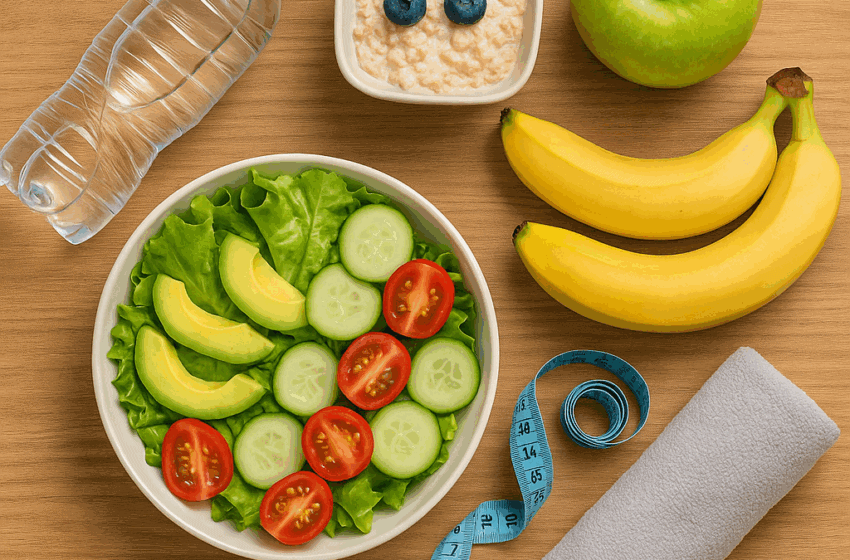 An arrangement of healthy lifestyle items including salad, water, fruits, and a measuring tape to symbolize staying consistent with routines that help how to lose belly fat naturally