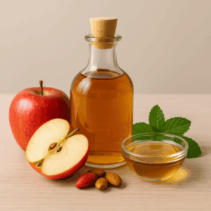 Apple cider vinegar in a glass bottle with fresh apples and a small bowl, featured as one of the best foods for weight loss due to its appetite-suppressing properties