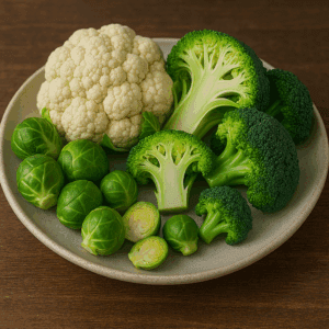 Assortment of cruciferous vegetables including broccoli, cauliflower, and Brussels sprouts shown as the best foods for weight loss due to fiber and nutrients