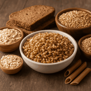 Assortment of whole grains including oats, wheat, and brown bread shown as the best foods for weight loss due to fiber and energy content
