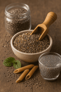 Chia seeds in a wooden bowl and chia pudding in a glass, shown as one of the best foods for weight loss due to their ability to expand in the stomach and increase satiety