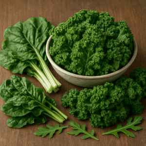 Fresh leafy greens including kale, spinach, and arugula displayed as one of the best foods for weight loss due to high fiber and low calories