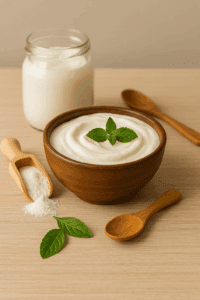 Greek yogurt served in a glass bowl with fresh blueberries and a wooden spoon, highlighted as one of the best foods for weight loss due to its protein and probiotic content