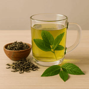 Green tea in a glass mug with fresh and dried leaves, shown as one of the best foods for weight loss due to its metabolism-boosting and fat-burning properties