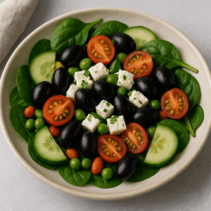 Mediterranean salad with kidney beans, spinach, cucumbers, and feta as one of the best foods for weight loss due to fiber and plant protein