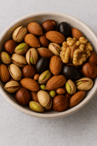 Mixed nuts including almonds, pistachios, hazelnuts, and walnuts in a ceramic bowl as one of the best foods for weight loss due to healthy fats and satiety