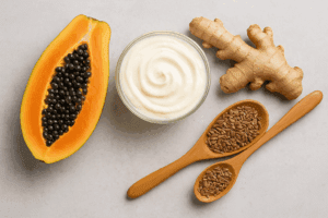 Natural probiotic foods like yogurt and papaya offer effective natural remedies for bloating