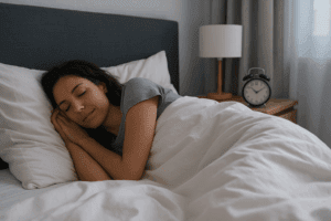 A relaxed woman sleeping peacefully in a dark, quiet room — representing the importance of quality sleep as one of the most effective natural remedies for chronic fatigue.