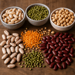 An assortment of beans and legumes, including lentils, kidney beans, chickpeas, and mung beans, arranged on a rustic wooden surface to illustrate fiber-packed fat burning foods.