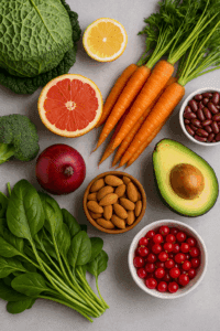 A colorful spread of liver-supportive foods like beets, garlic, and leafy greens, representing natural remedies for hormonal imbalance through detoxification.