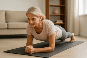 A middle-aged woman performing gentle stretches outdoors, demonstrating natural remedies for joint pain through regular exercise.