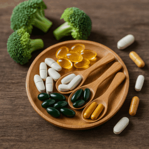  A photograph features vitamin and supplement capsules on a wooden plate with broccoli, highlighting natural support for joint health.